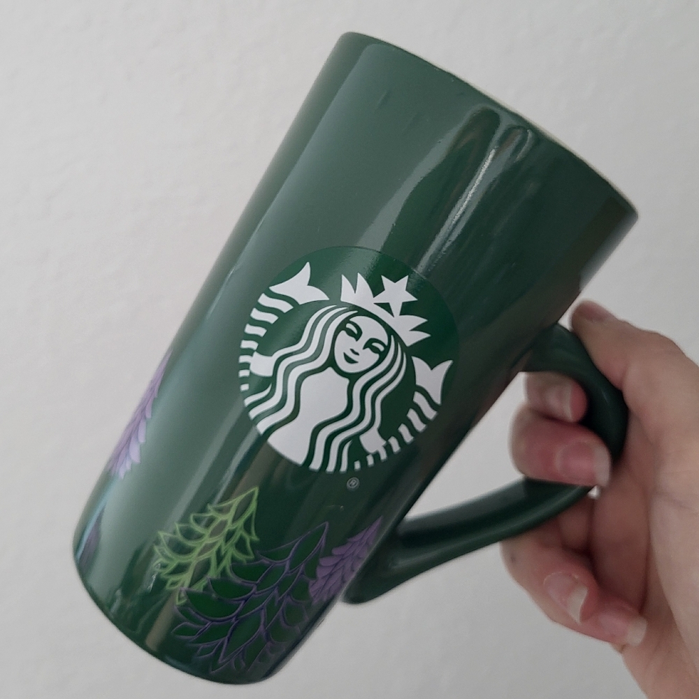 STARBUCKS Tall Green Holiday Pine Trees Ceramic Coffee Mug 16fl.oz